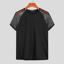 INCERUN Men T-Shirt Contrast Mesh Patchwork Crew Neck Short Sleeve Black T-shirt