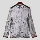 INCERUN Men T-shirts Fashion See-through Mesh Embroidered Flower Decor Long Sleeve Black Tshirts Summer Cool Party Male Tops