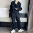 INCERUN Men Sets Solid Color Fashion Lapel Long Sleeve Shirt & Pants 2PCS Pleated Loose Streetwear Men Casual Suits S-5XL