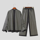 INCERUN 2 Piece Men's Striped Casual Outfit Set, Collar Button Up Top And Elastic Waist Wide Leg Trousers Set for Daily Wear Spring Fall Plus Size S-5xl