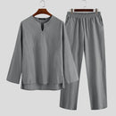 INCERUN Men Home Two Piece Set Solid Color Cotton Linen Long Sleeve Top and Pant with Pockets, Casual Men's Set Plus Size Spring Fall