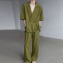 INCERUN Men's Two-piece Outfits, Suit Collar Draped Short Sleeve Shirt + Pant, Casual Comfy Loose Suits For Summer