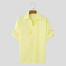INCERUN Mens Asymmetrical Pleated Short Sleeve Shirt Casual Solid Color Lapel Top for Male