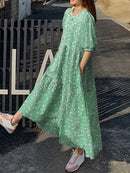 Floral Print Pocket Half Sleeve Ruffle Casual Maxi Dress