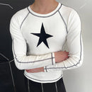 INCERUN Men Start Print White Tight T-shirt Fashion Stitching Crew Neck Long Sleeve White Top Tee for Men Plus Size, Spring Fall