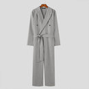 INCERUN Mens Double-Breasted Long Sleeve Jumpsuit Fashion Solid Color Waist Lace Up Suit Jumpsuit Long Top Pant