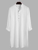 INCERUN Men Robes Long Sleeve Solid Color Long Tops Stand Collar Button Long Shirt with Side Pocket Casual Daily Male Robes