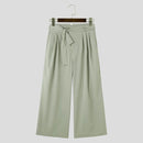 INCERUN Men Side Lace Up Solid Color Pants Button Zipper Wide Legged Trousers Loose Fit Casual Daily Men Pants Plus Size S-5XL