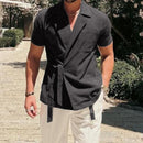 INCERUN Men's Shirt Solid Color Lapel Shirt Casual Lace Up Short Sleeve Top Summer Daily Male Clothing