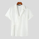 INCERUN Men's Shirt Solid Color Lapel Shirt Casual Lace Up Short Sleeve Top Summer Daily Male Clothing