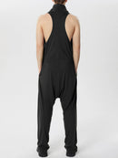 INCERUN Men's Solid Color Jumpsuits Stacked Collar Sleeveless Back Zipper Overalls