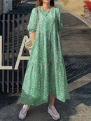 Floral Print Pocket Half Sleeve Ruffle Casual Maxi Dress