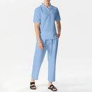 INCERUN Men Sets Summer Solid Color Casual Mens Two-piece Suits Lightweight Short Sleeved Shirt & Pant with Pockets