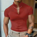 INCERUN Men's Solid Color Knitted Half Turtleneck Chain Deco Short Sleeve T-Shirt