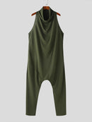 INCERUN Men's Solid Color Jumpsuits Stacked Collar Sleeveless Back Zipper Overalls