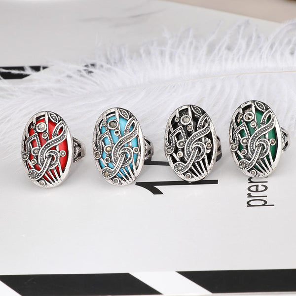 Ethnic Hollow Carve Finger Ring Music Match Rhinestone Oval Geometric Ring Vintage Jewelry for Women