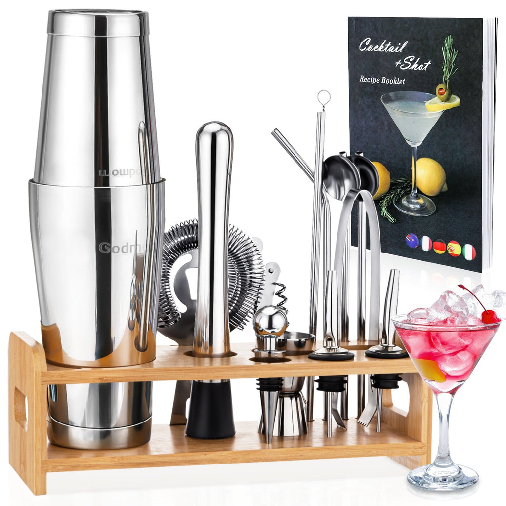 Stainless Steel 22oz Cocktail Shaker Set with Wood Stand - 16 Piece Bartender Kit with Drink Shaker, Bar Spoon, Jigger, Muddler, Strainer, Bottle Opener, Stopper, Pour Spout, Stirrers, Tongs, Recipes
