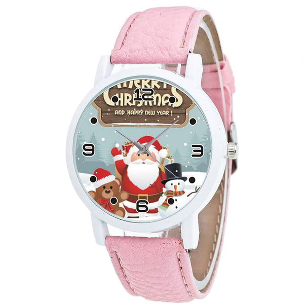 Cartoon Santa Claus with Teddy bear and Snow Men Pattern Fashion Kid Quartz Watch