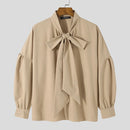 INCERUN Mens Solid Tie Neck Puff Sleeve Loose Shirt