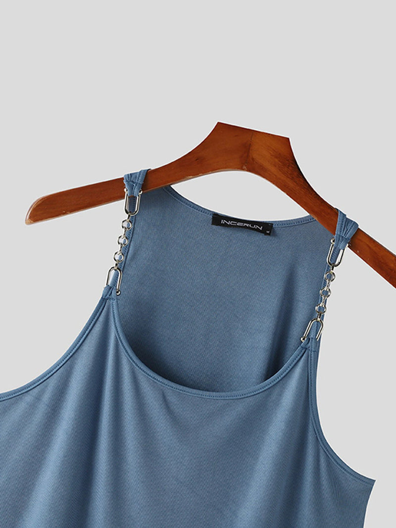 INCERUN Men Tank Top Fashion Metal Chain Sling Tanks Summer Sold Color Vest Casual Sleeveless Male Top
