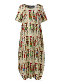 Women Ethnic Style Figure Print Round Neck Short Sleeve Loose Baggy Maxi Dresses