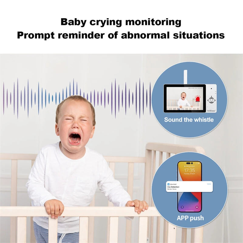 SriHome DH050-DH002-SH064 8MP 4K UHD Baby Monitor Kit with 5-inch Touch Screen WiFi Crying Detection Human Tracking Alarm 2-Way Audio 5200mAh Home Doorbell Baby Camera Doorbell Kit