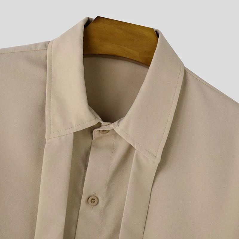 INCERUN Mens Deconstructed Tie-Detail Long Sleeve Shirt Fashion Solid Color Button Lapel Top Shirts for Male