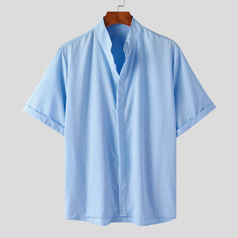 INCERUN Mens Shirt Striped Stand Collar Short Sleeve Top Shirts Summer Daily Casual Male Clothing Solid Color Shirts