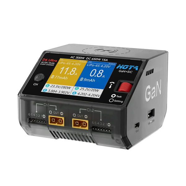 HOTA D6 Ultra AC 300W GaN+SiC DC 650W Dual Channel Charger FPV Charging For 1-6S Lipo LiHV/NiZn/Nicd/NiMH Battery Drone