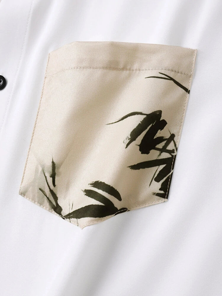 ChArmkpR Mens Ink Bamboo Print Patchwork Button Up Short Sleeve Shirts