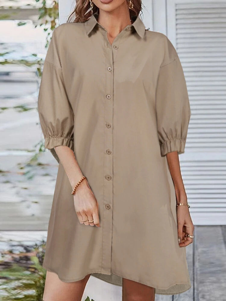 ZANZEA Women Daily Casual 3/4 Length Sleeve Solid Color Shirt Dresses