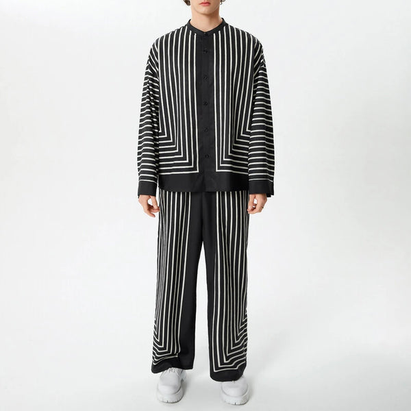 INCERUN 2 Piece Men's Striped Casual Outfit Set, Collar Button Up Top And Elastic Waist Wide Leg Trousers Set for Daily Wear Spring Fall Plus Size S-5xl