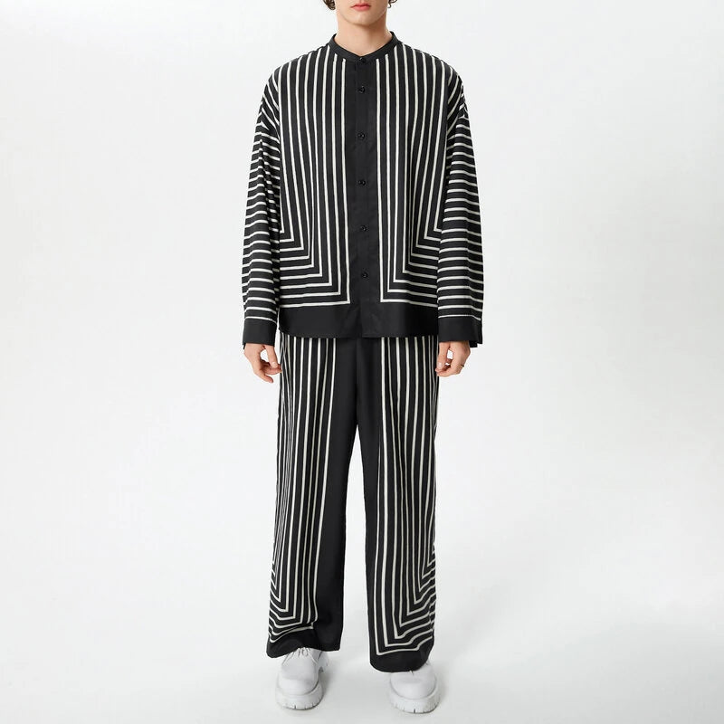 INCERUN 2 Piece Men's Striped Casual Outfit Set, Collar Button Up Top And Elastic Waist Wide Leg Trousers Set for Daily Wear Spring Fall Plus Size S-5xl