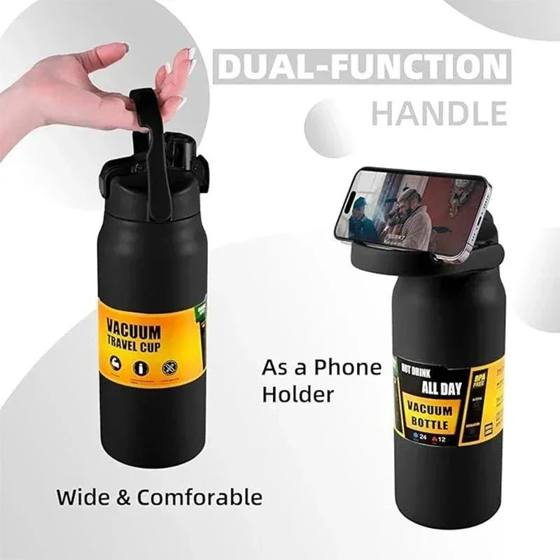 1000ml/33oz 304 Stainless Steel Portable Thermal Flask Water Bottle Cold Hot Thermos Insulated Water Bottle with Straw Use As Mobile Phone Holder