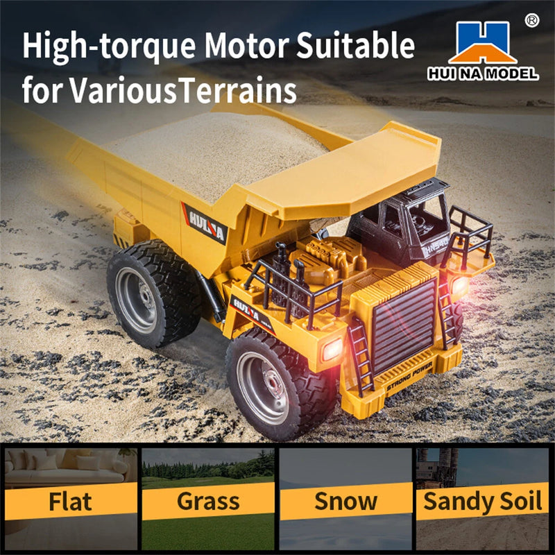 Huina Toys RTR 1534 1/18 2.4G 9CH RC Car Dump Truck Alloy Bucket Cabin LED Light Engineering Remote Control Simulation Construction Vehicles Models Children Kids Gifts