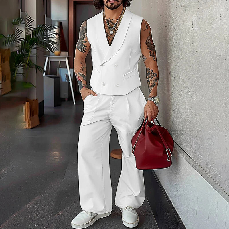 INCERUN Mens Solid Color Double-Breasted Two Pieces Outfit Sleeveless Blazer Vest Pant Casual Suit for Male