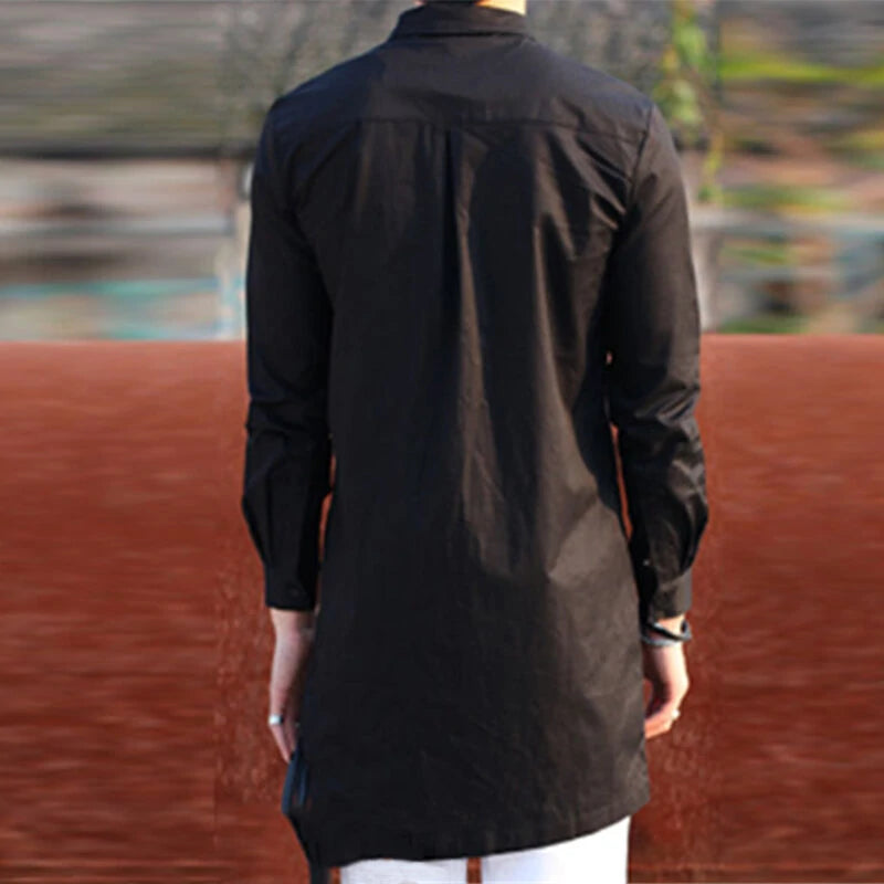 Men Solid Color Asymmetric Hem Long Sleeve Lapel Collar Shirt