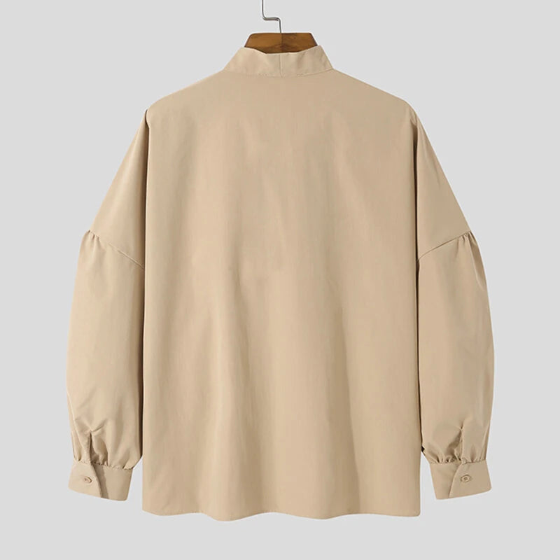 INCERUN Mens Solid Tie Neck Puff Sleeve Loose Shirt