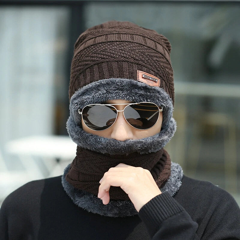 3pcs/set Women Men Winter Hat and Glove Sets Warm Knit Hat Snow Ski Skull Cap with Visor and Touch Screen Mittens Texting Gloves Set