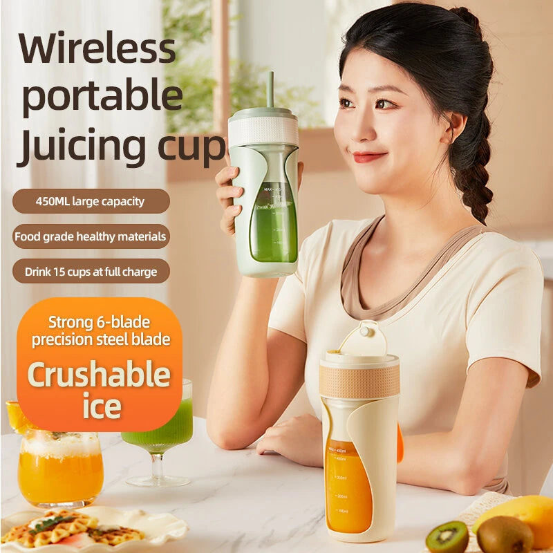 450ML Small Portable Multi-function Juicer Cordless Electric Juicing Cup with Removable Straw Strong 6-Blade Precision Steel Blade