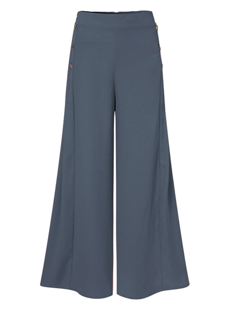 ZANZEA Plus Size Women Pants Solid Color Side Button Elastic Waist Loose Casual Wide Leg Pants With No Pocket