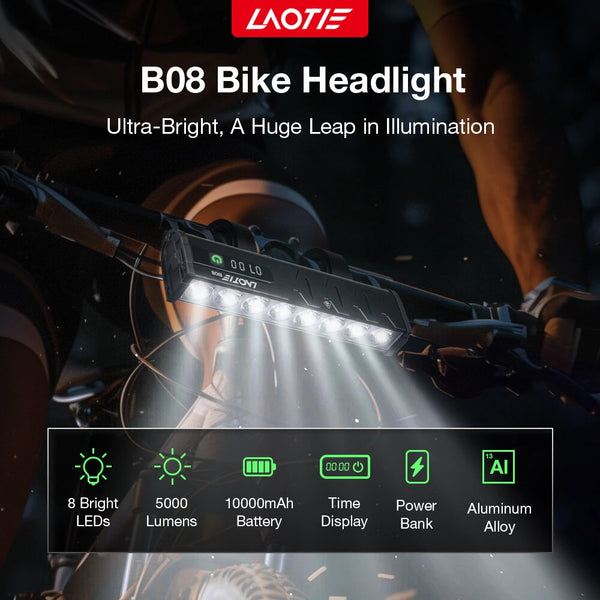 LAOTIE B06 B08 5000Lm Brightness Bike Headlight 8 LED Large Beads Dual Distance Beam Design 10000mAh Battery Phone Emergency Power Bank IPX5 Waterproof 4 Light Modes Fast Charge Bicycle Digital Display Front Light for Electric Bike Scooter MTB Bikes