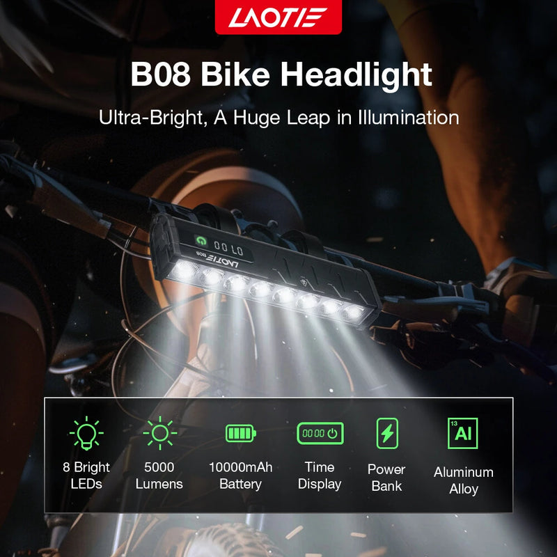 LAOTIE B06 B08 5000Lm Brightness Bike Headlight 8 LED Large Beads Dual Distance Beam Design 10000mAh Battery Phone Emergency Power Bank IPX5 Waterproof 4 Light Modes Fast Charge Bicycle Digital Display Front Light for Electric Bike Scooter MTB Bikes