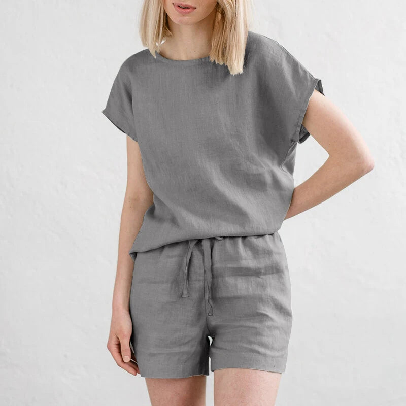 ZANZEA Plus Size Women Cotton Linen Two Set Solid Elastic Waist Pocket Short Sleeve Blouses and Short Casual Summer Two-Piece Set
