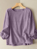 Lace Solid Long Sleeve Crew Neck Casual Blouse