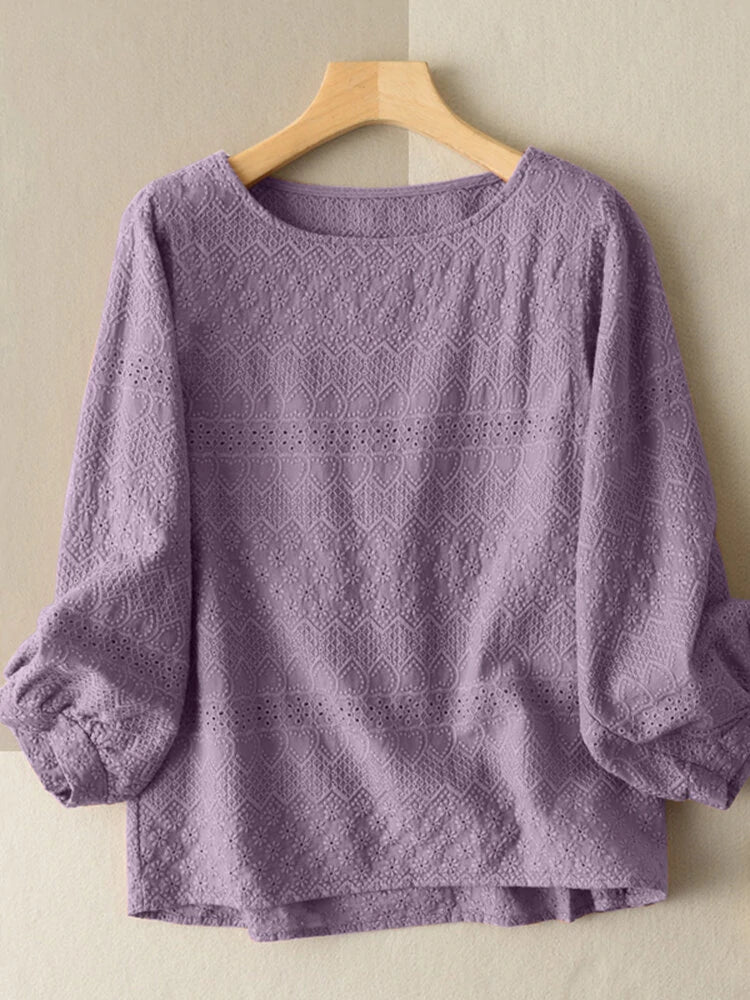 Lace Solid Long Sleeve Crew Neck Casual Blouse