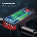 Solar Rechargeable Bike Headlight LED Super Brightness 4000mAh Battery Waterproof 4 Light Modes Warning Flashlight with 120dB Horn for Night Cycling