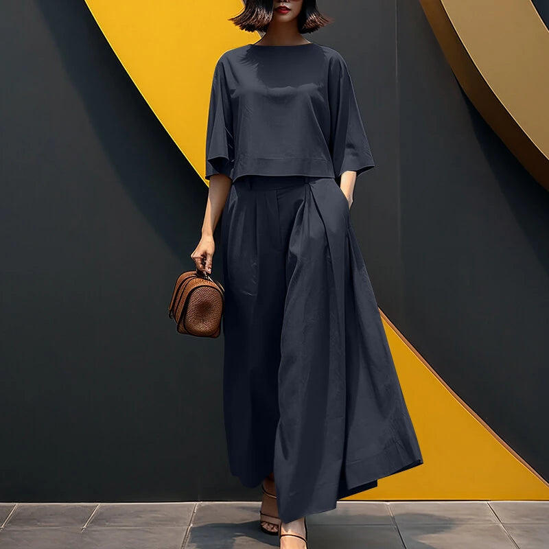 ZANZEA Korean Style Womens Elegant Sets Short Sleeve Blouse Top Wide Leg Loose Trousers Casual Suit