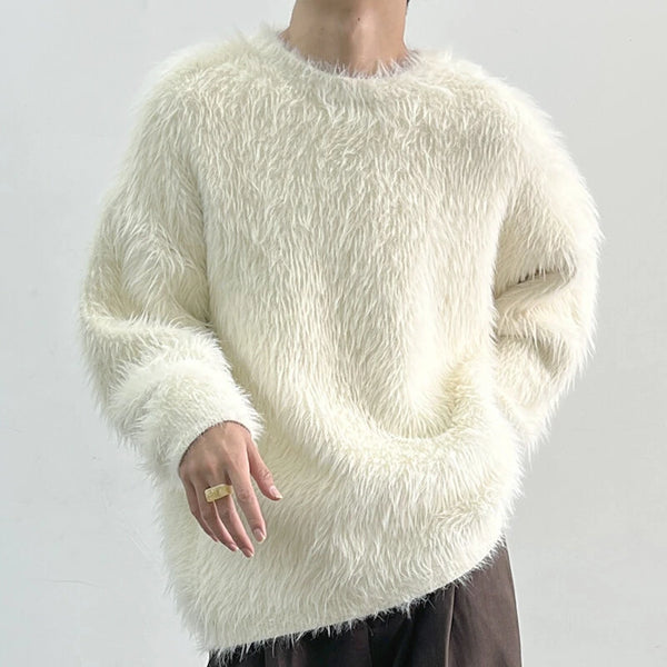 INCERUN Men's Solid Color Sweater Casual Comfy Oversized Faux Fur Long Sleeve Sweater Plus Size Crew Neck Pullover Sweater for Men Fall Winter