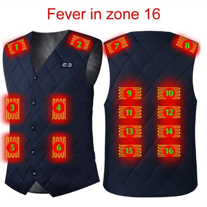 TENGOO HV-16B Fashion Heated Vest 16 Heating Zones Trible Gears Temperature Level Control Winter USB Electric Heating Jacket for Camping Hiking